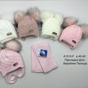 Купити оптом зимовий теплий комплект на зав'язці з флісовою підкладкою шапка та шарф для дівчаток, Р.40-42, GRANS A1313 (ПОЛЬЩА)