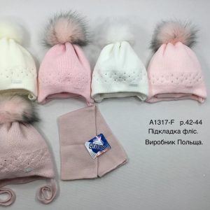 Купити оптом зимовий теплий комплект на зав'язці з флісовою підкладкою шапка та шарф для дівчаток, Р.42-44, GRANS A1317 (ПОЛЬЩА)