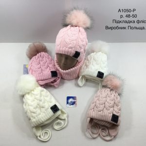Купити оптом зимовий теплий комплект на зав'язці з флісовою підкладкою шапка та хомут для дівчаток, Р.48-50, GRANS A1050 (ПОЛЬЩА)