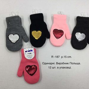 Купити оптом одинарні рукавички на дівчаток, Р.15 см. (7-8 років), R187 (Польща)