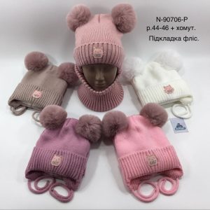 Зимовий теплий комплект на зав'язці з флісовою підкладкою шапка та хомут для дівчинки, Р.44-46, Моя Шапка 90706 (УКРАЇНА)