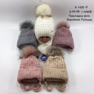 Купити оптом зимовий теплий комплект на зав'язці шапка з флісовою підкладкою та шарф для дівчаток, Р.44-46, GRANS A1426 (ПОЛЬЩА)