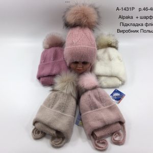 Купити оптом зимовий теплий комплект на зав'язці шапка з флісовою підкладкою та шарф для дівчаток, Р.46-48, GRANS A1431 (ПОЛЬЩА, АЛЬПАКА)