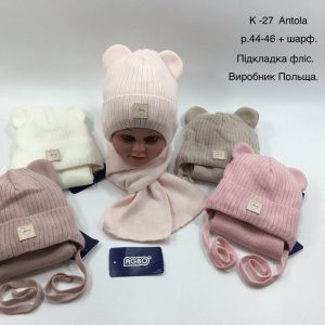 Зимовий теплий комплект на зав'язці з флісовою підкладкою шапка та шарф на дівчаток, Р.44-46 AGBO K27 Antola (ПОЛЬЩА)