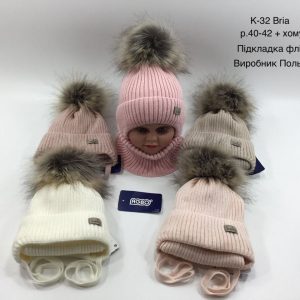 Зимовий теплий комплект на зав'язці з флісовою підкладкою шапка та хомут на дівчаток, Р.40-42 AGBO K32 5291 Bria (ПОЛЬЩА)