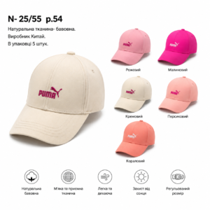 Купити оптом бейсболку на дівчинку, Р.54, L55